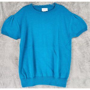 Joshua Evans Sweater Womens Medium Aqua Blue Shirred Shoulder 80s Vintage USA